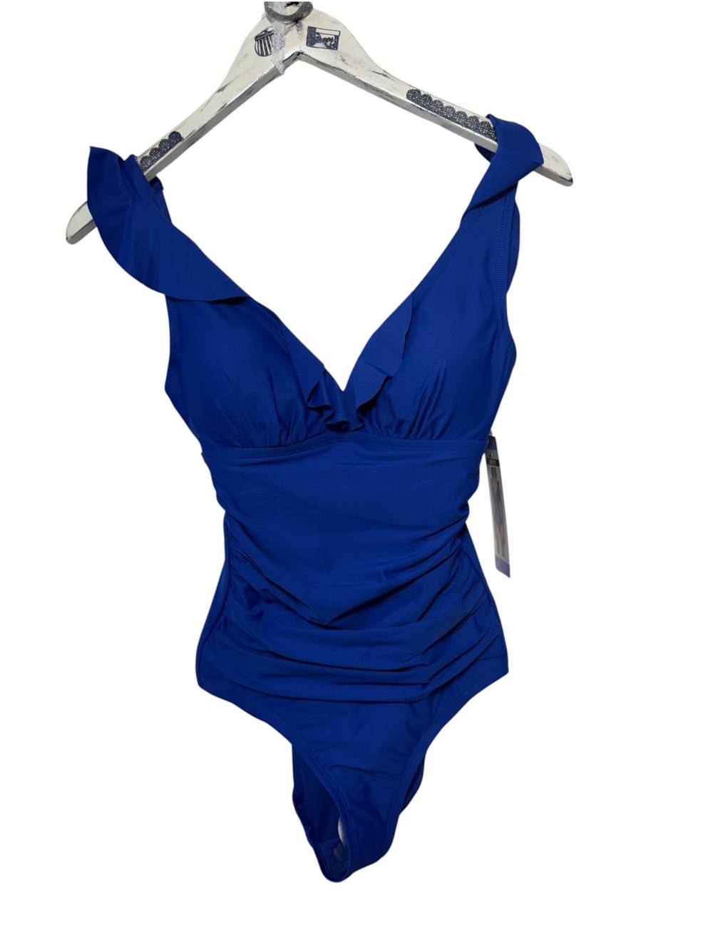 DKNY Blue Ruffle Plunge Ruched One Piece Swimsuit NWT Size XS